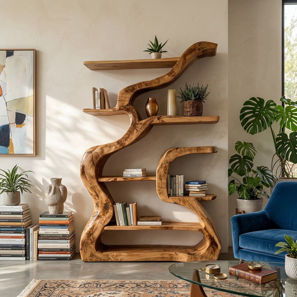 Organic Freestanding Solid Wood Bookshelf with Fluid Curves - view 2