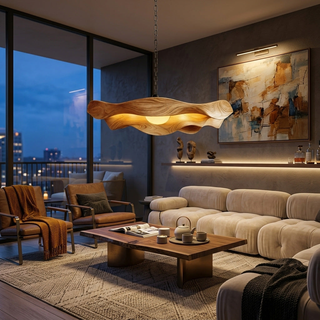 Modern Sculptural Solid Wood Pendant Light with Flowing Contours - view 2