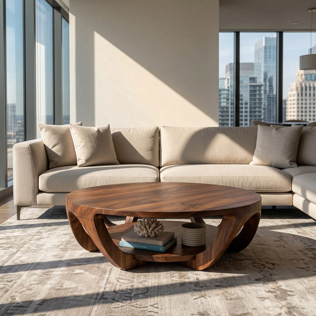 Round Solid Wood Coffee Table with Open Shelf Base - view 7