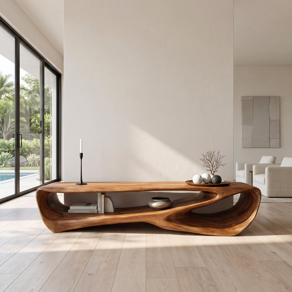 Curved Solid Wood Low TV Console with Open Center - view 2