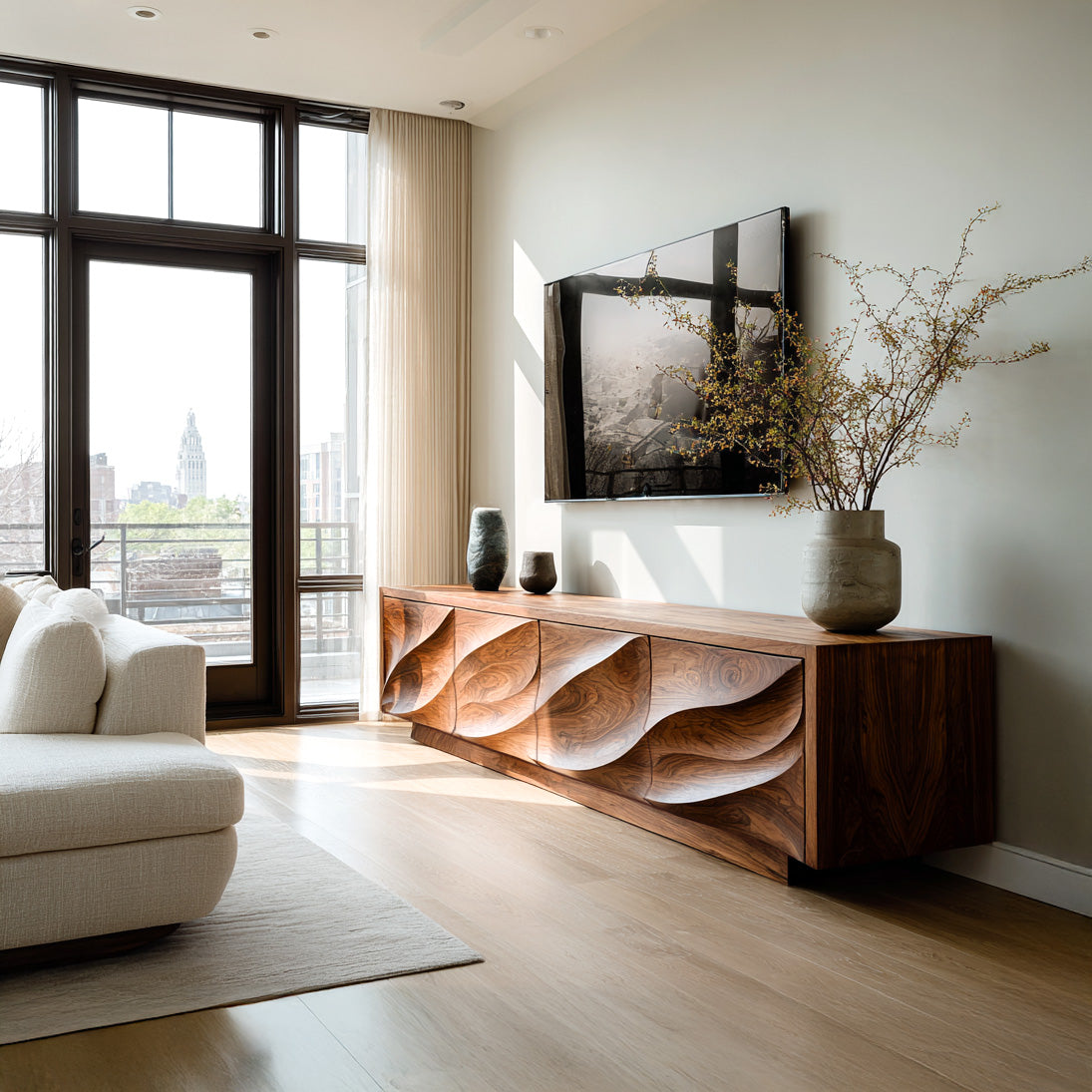 Solid Wood TV Cabinet with Carved Wave Doors - view 7
