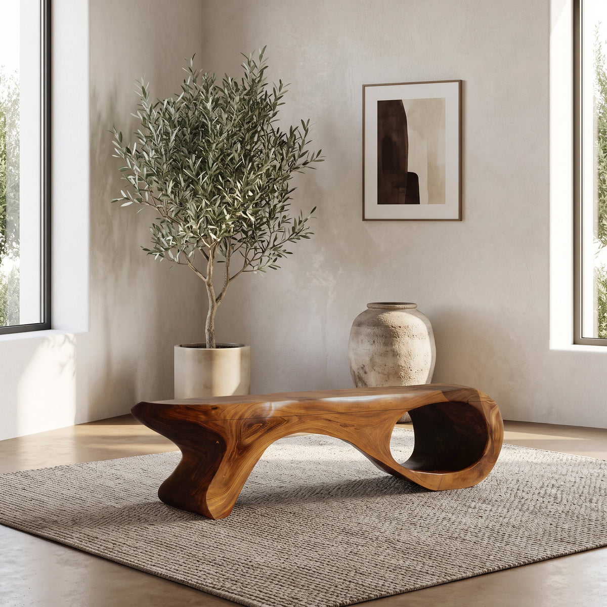 Sculptural Solid Wood Entryway Bench with Carved Curves - view 2