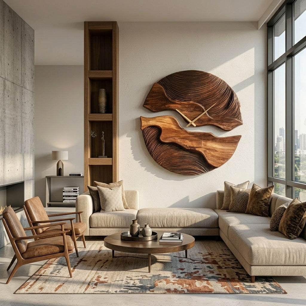 Carved Solid Wood Wall Clock with Organic Split Form - view 4