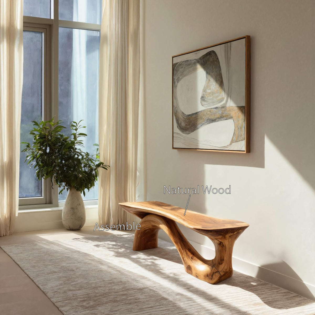 Sculptural Solid Wood Bench with Organic Curves for Living Room - view 6