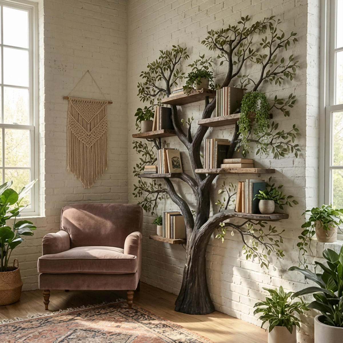 Tree Branch Wall Bookcase with Floating Shelves, 70 x 70 in - view 2
