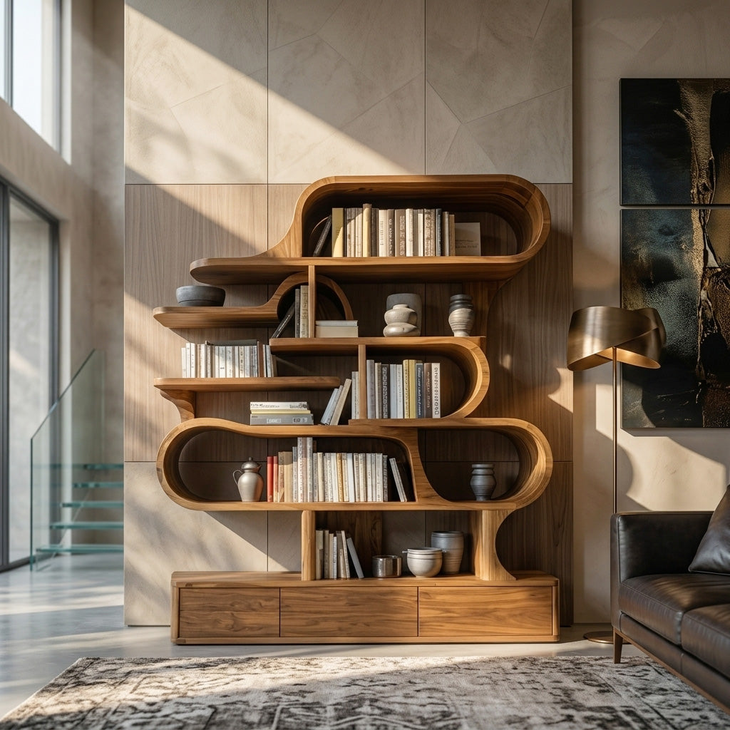 Curved Sculptural Solid Wood Bookshelf with Layered Shelves - view 3