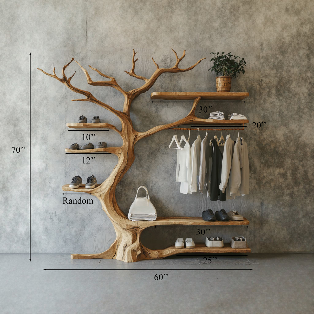 Rustic Tree Branch Coat Rack and Shoe Stand in Natural Wood - view 5