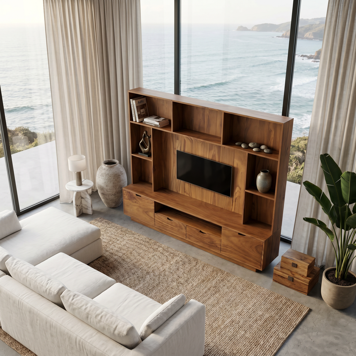 Solid Wood TV Wall Unit with LED Lit Shelves and Cabinets - view 2