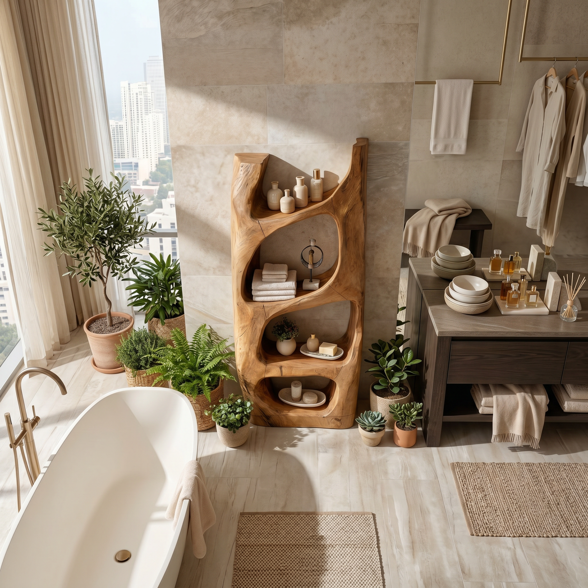 Hand-Carved Sculptural Solid Wood Bathroom Towel Shelf - view 2