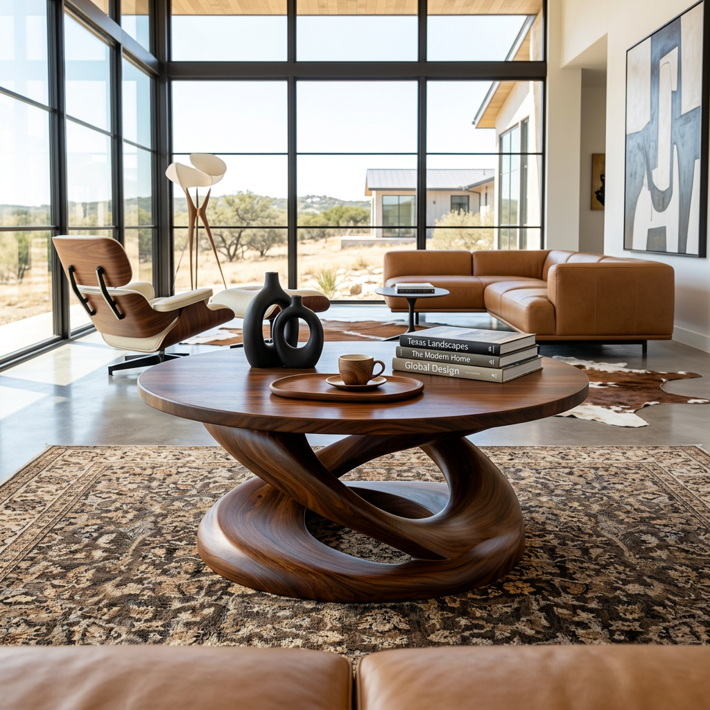 Round Solid Wood Coffee Table with Twisted Sculptural Pedestal - view 2