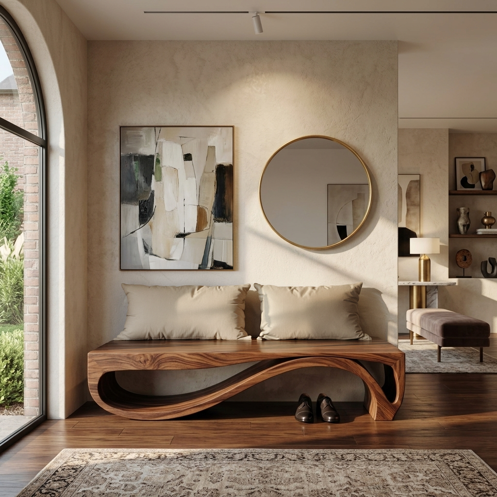 Sculptural Solid Wood Bench with Wave Base for Entryway - view 2