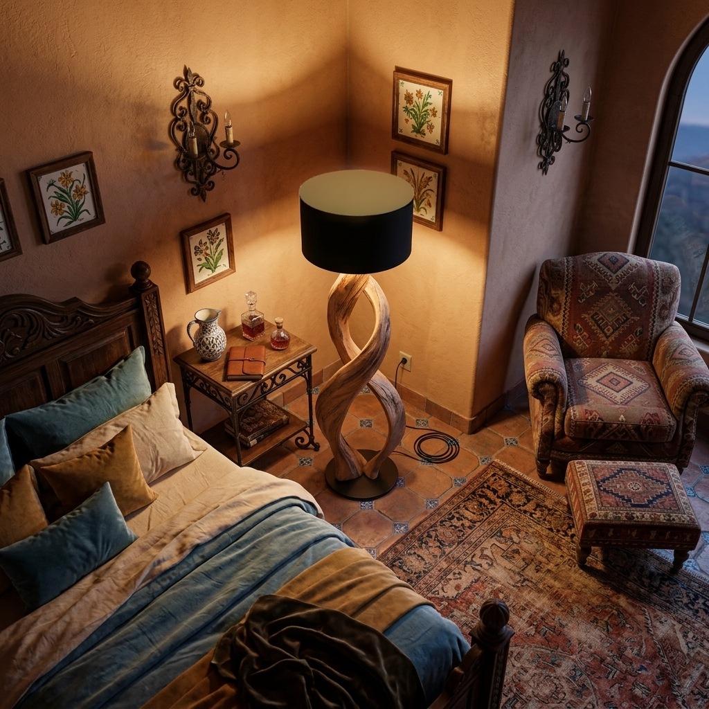 Twisted Solid Wood Sculptural Floor Lamp with Simple Shade - view 3