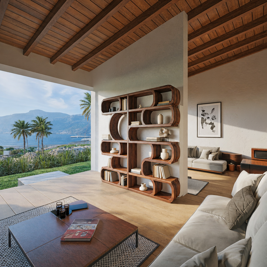 Modern Sculptural Solid Wood Bookshelf with Symmetrical Curves - view 3