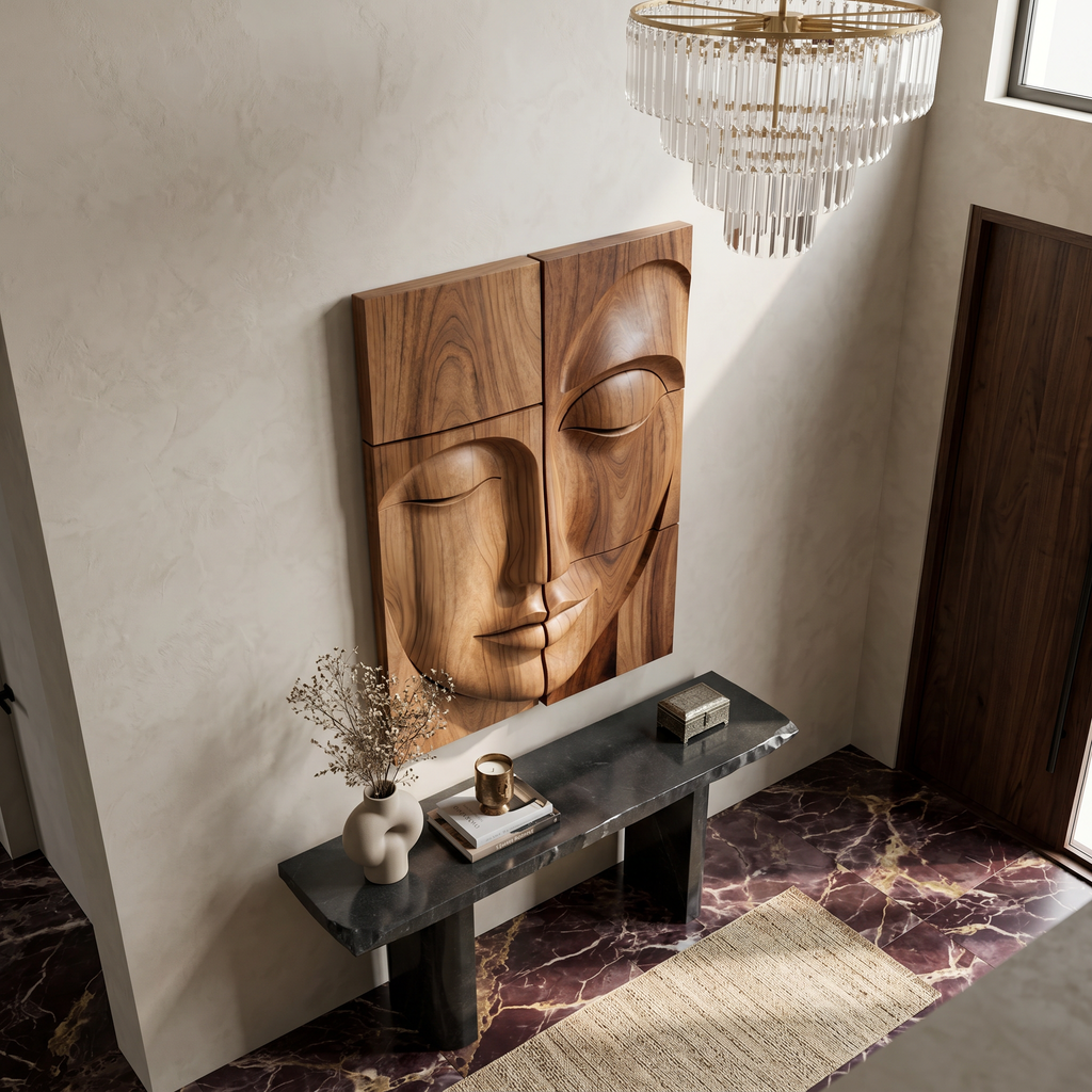 Carved Solid Wood Buddha Face Wall Art Panels - view 3