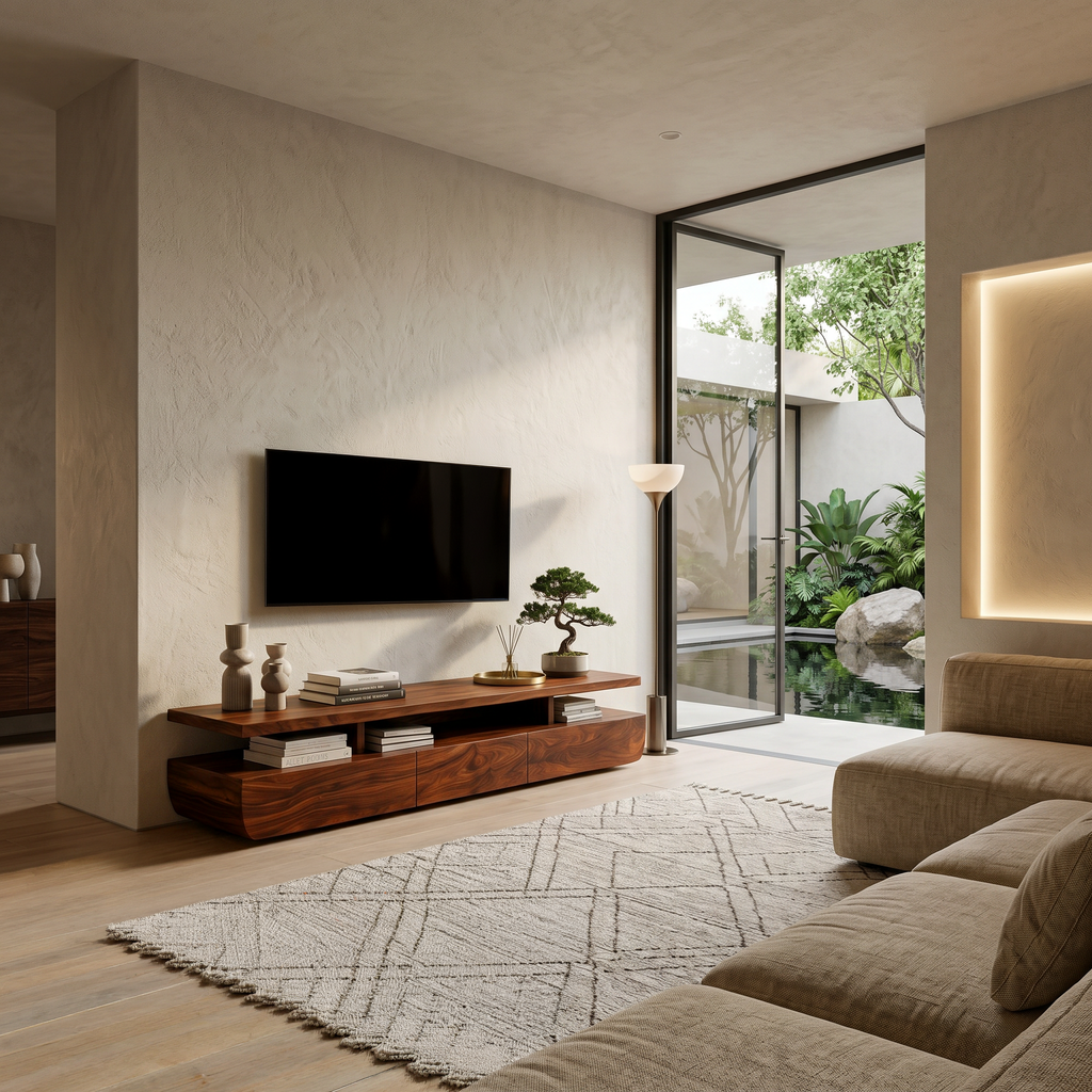 Contemporary Solid Wood TV Cabinet with Storage Drawers and Open Shelf - view 2