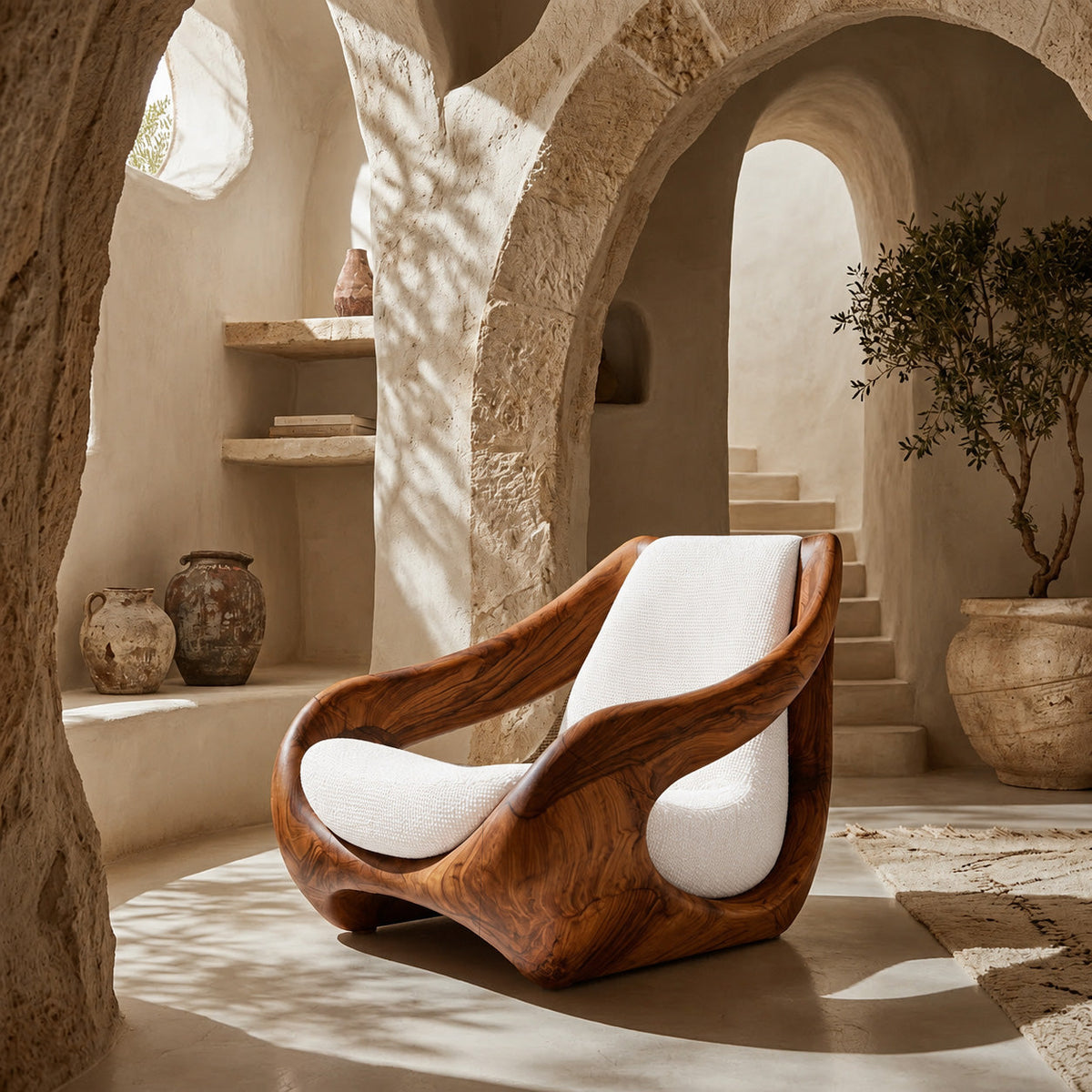Sculptural Carved Solid Wood Accent Chair with Fluid Form - view 2
