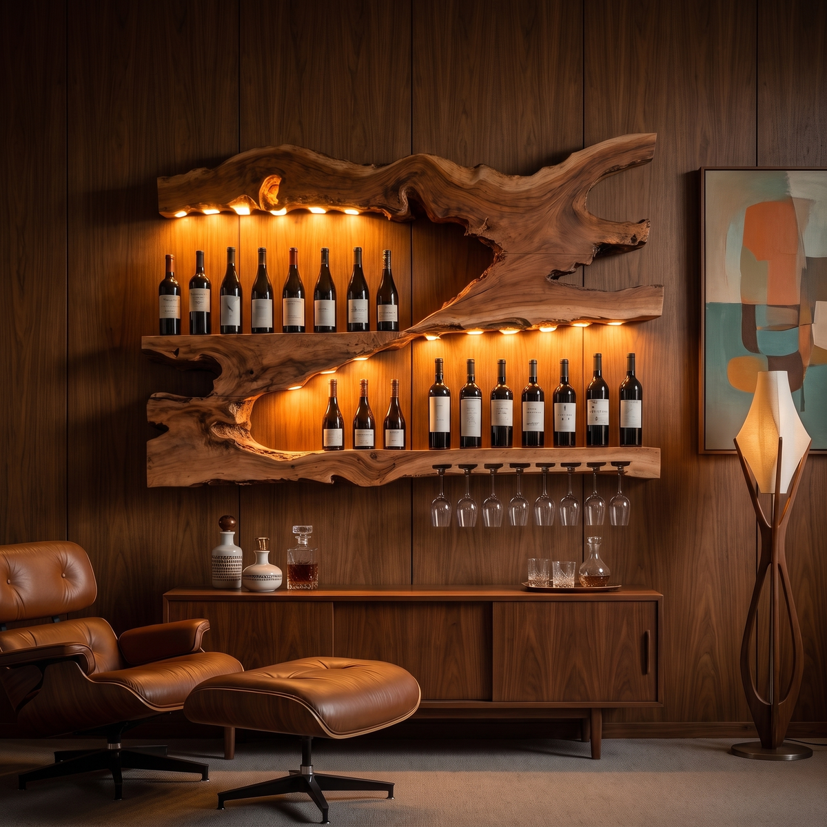 Mid-Century Monkeypod Wood Wall Wine Rack with Minimalist Shelf - view 3