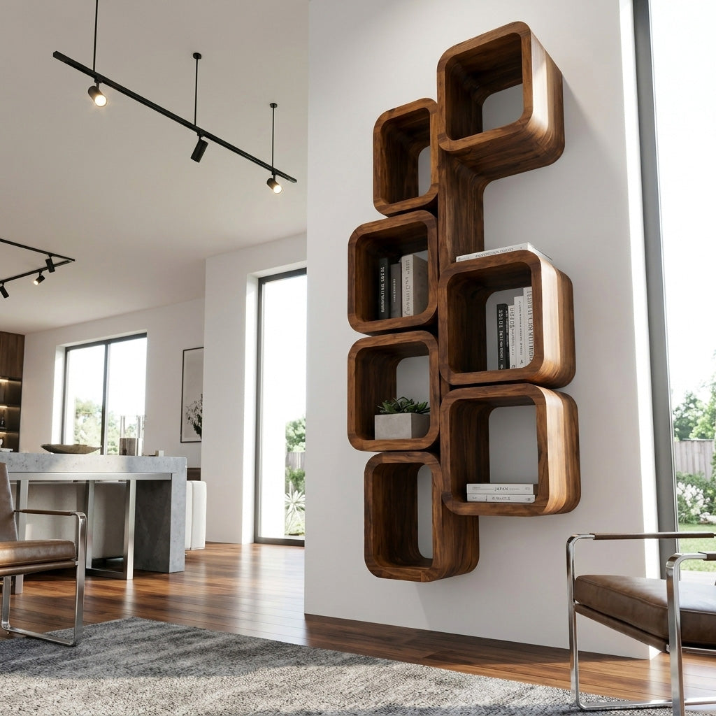 Wall-Mounted Solid Wood Bookshelf with Interlocking Squares - view 3