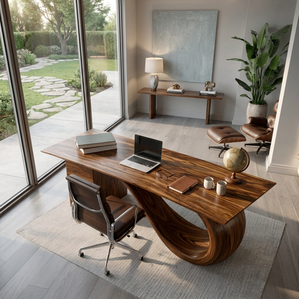Modern Solid Wood Desk with Curved Sculptural Base and Drawers - view 3