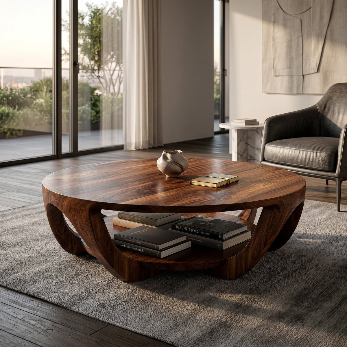 Round Solid Wood Coffee Table with Open Shelf Base - view 8
