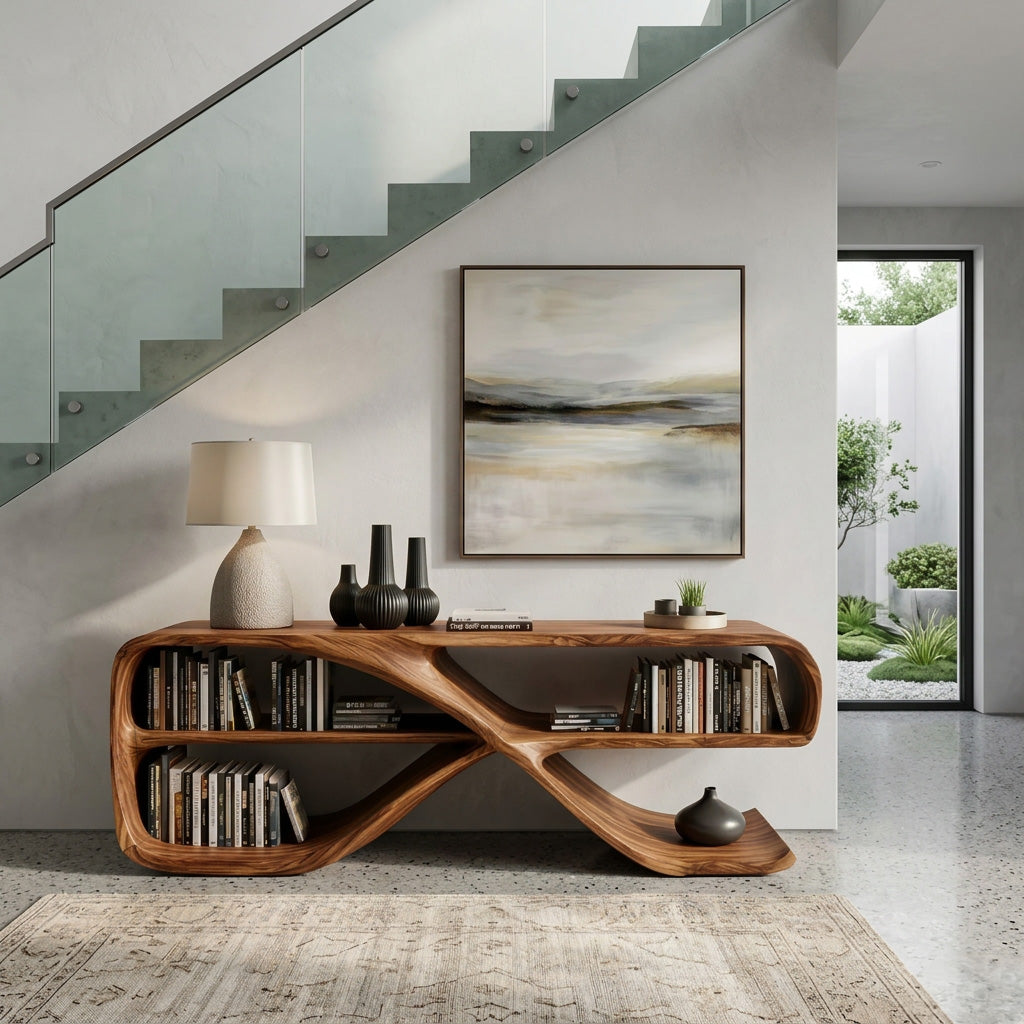 Modern Organic Wave Console Table in Solid Wood with Open Shelves - view 3