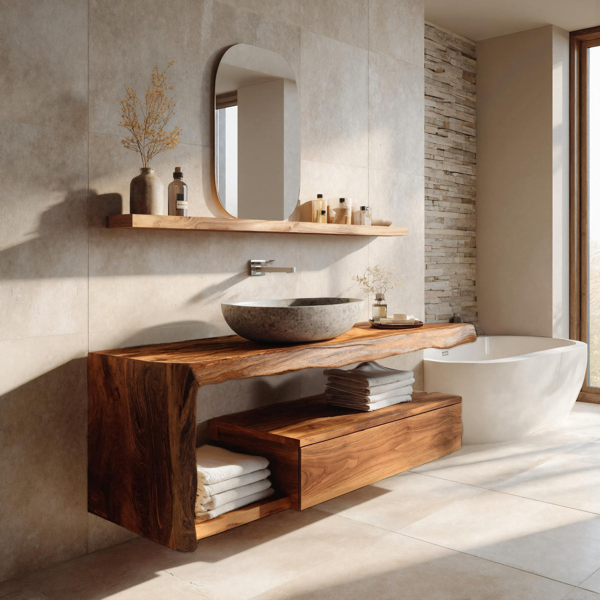 Modern Floating Solid Wood Bathroom Vanity with Drawer and Shelf - view 2