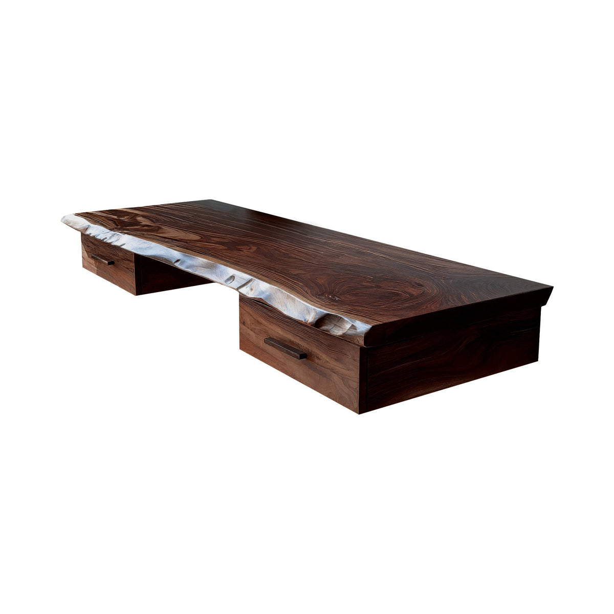 Live Edge Solid Wood Floating Wall Desk with Drawers in Dark Walnut finish