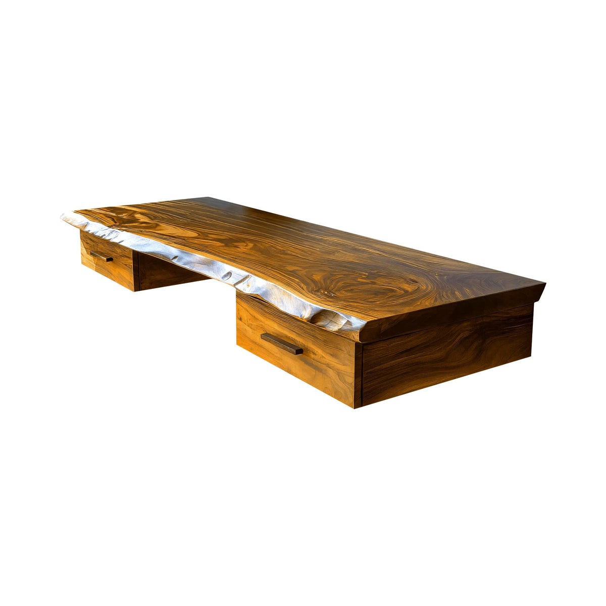 Live Edge Solid Wood Floating Wall Desk with Drawers in Teak finish