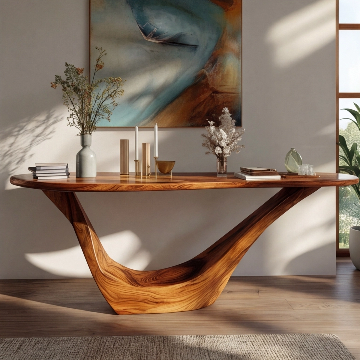 Solid Hardwood Console Table with Open Geometric Sculpted Base - view 2