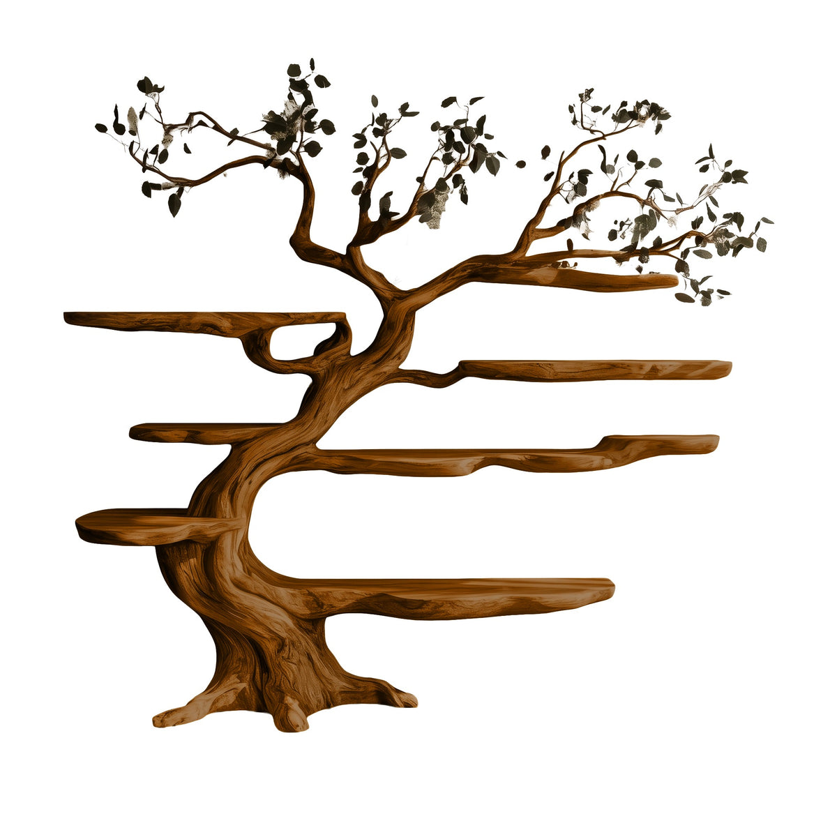 Sculpted Solid Hardwood Tree Bookshelf with Branching Shelves in Brown finish