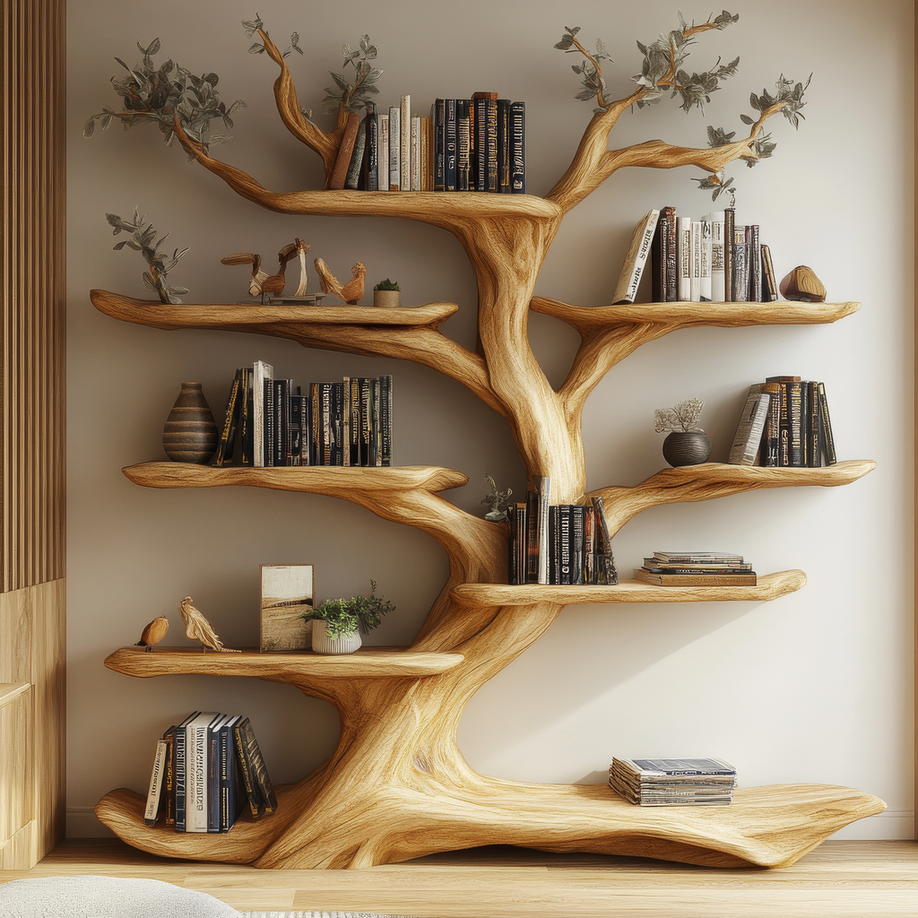 Sculpted Solid Hardwood Tree Bookshelf with Branch Shelving