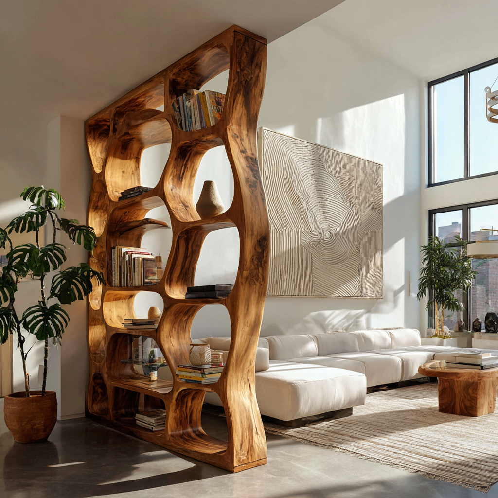 Sculpted Solid Hardwood Room Divider Bookshelf with Carved Openings