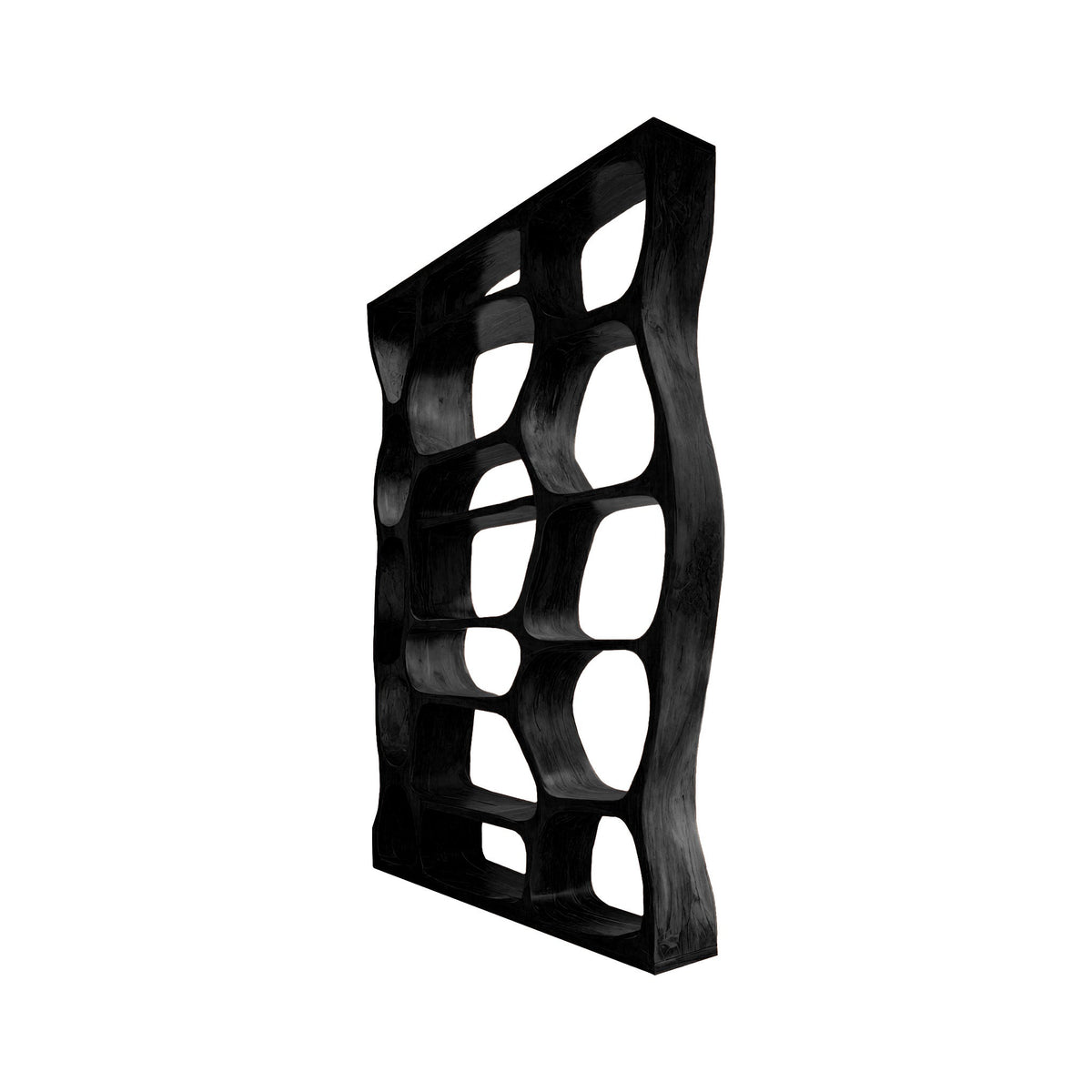 Sculpted Solid Hardwood Room Divider Bookshelf with Carved Openings in Black finish