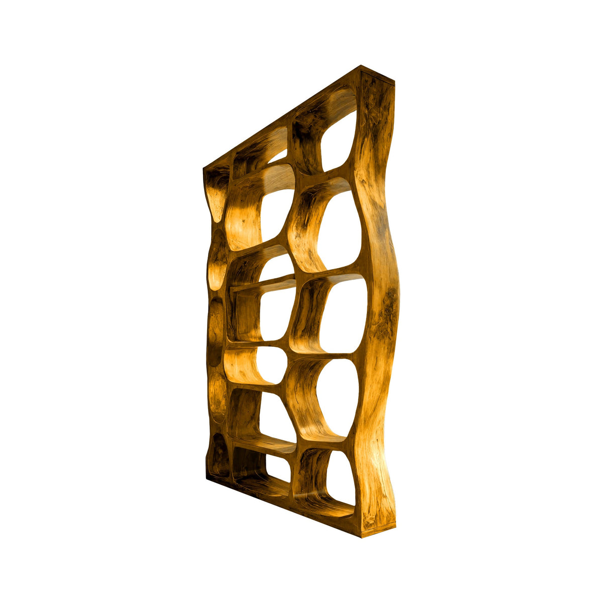 Sculpted Solid Hardwood Room Divider Bookshelf with Carved Openings in Teak finish