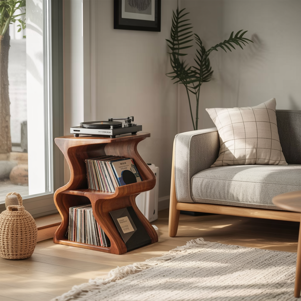 Solid Walnut Wave Record Player Stand with Vinyl Storage Tiers