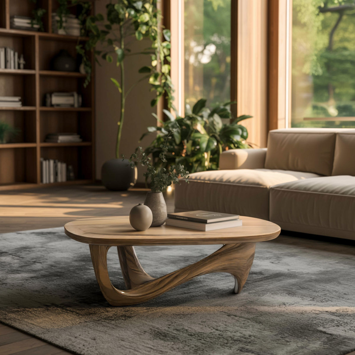 Hardwood Organic Modern Coffee Table with Rounded Top and Curved Base