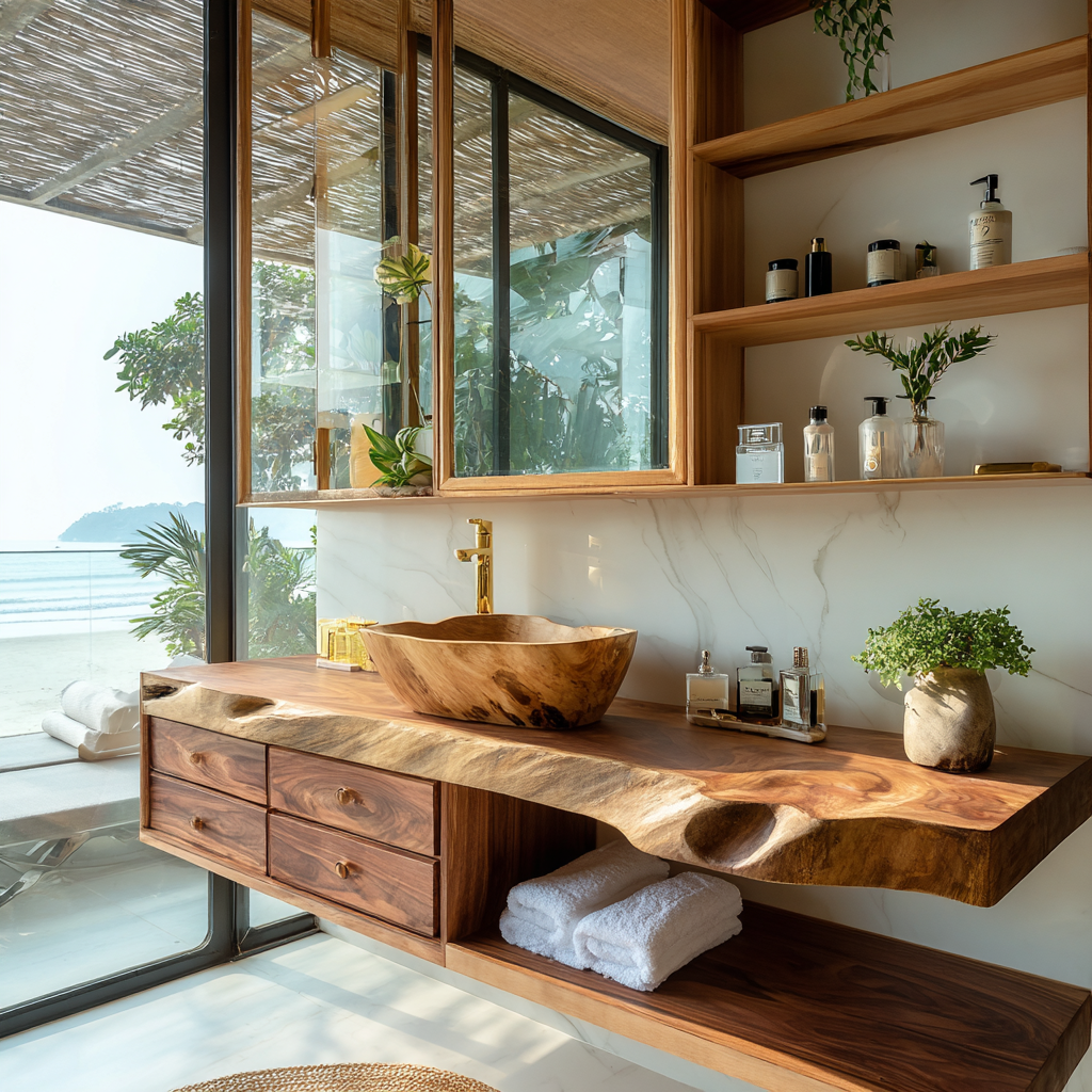 Coastal Live Edge Hardwood Floating Vanity with Drawers and Shelf