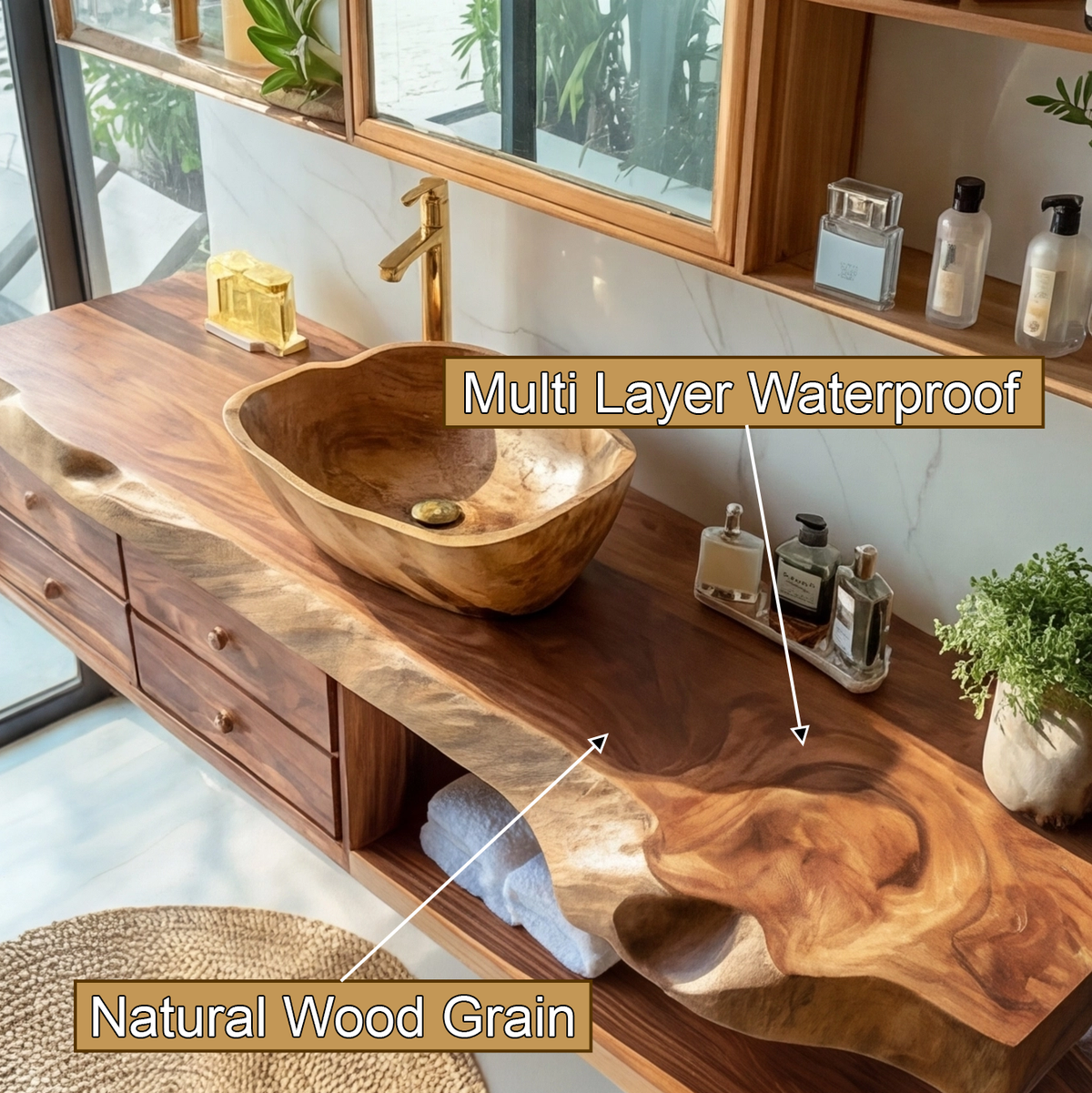 Coastal Live Edge Hardwood Floating Vanity with Drawers and Shelf - view 10