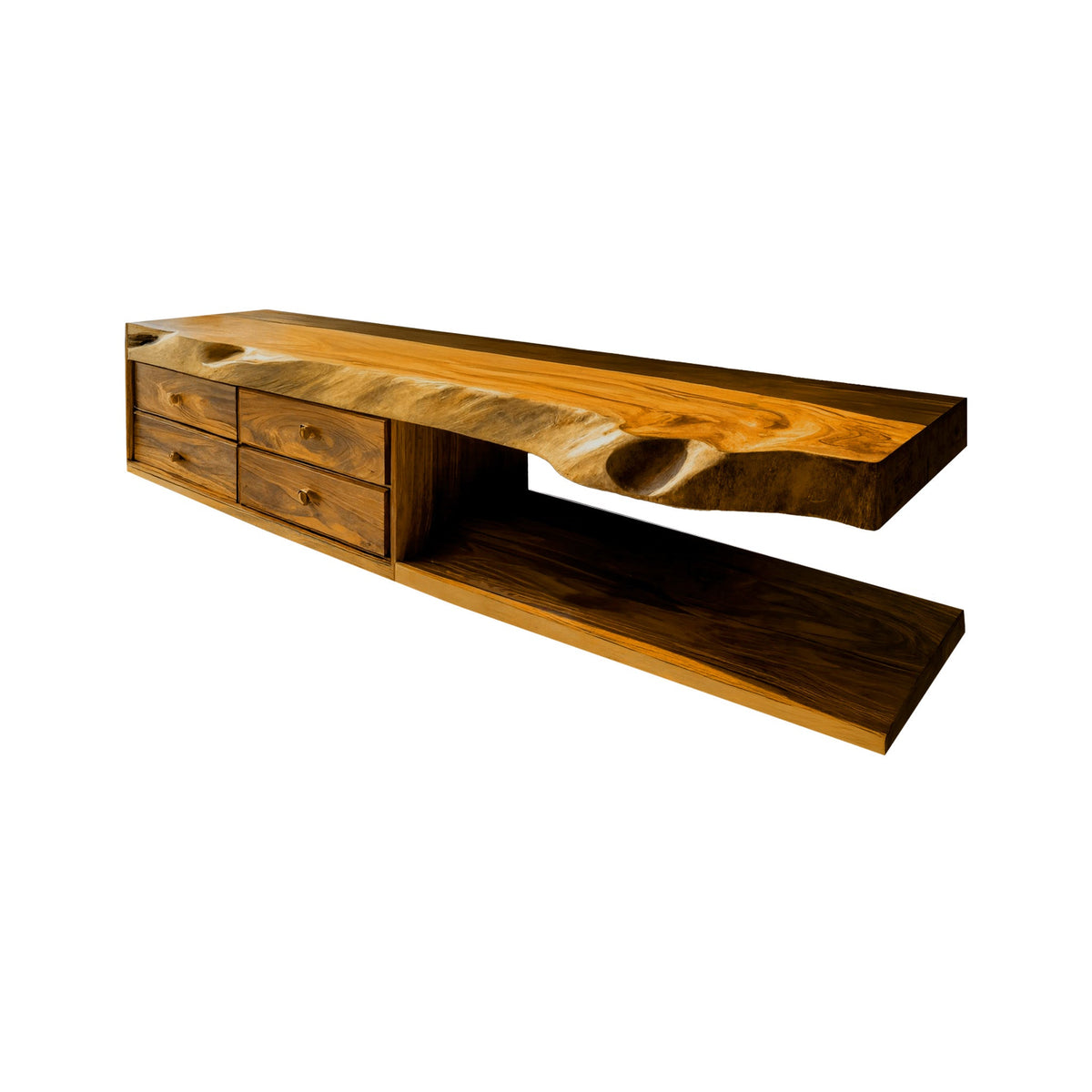 Coastal Live Edge Hardwood Floating Vanity with Drawers and Shelf in Teak finish