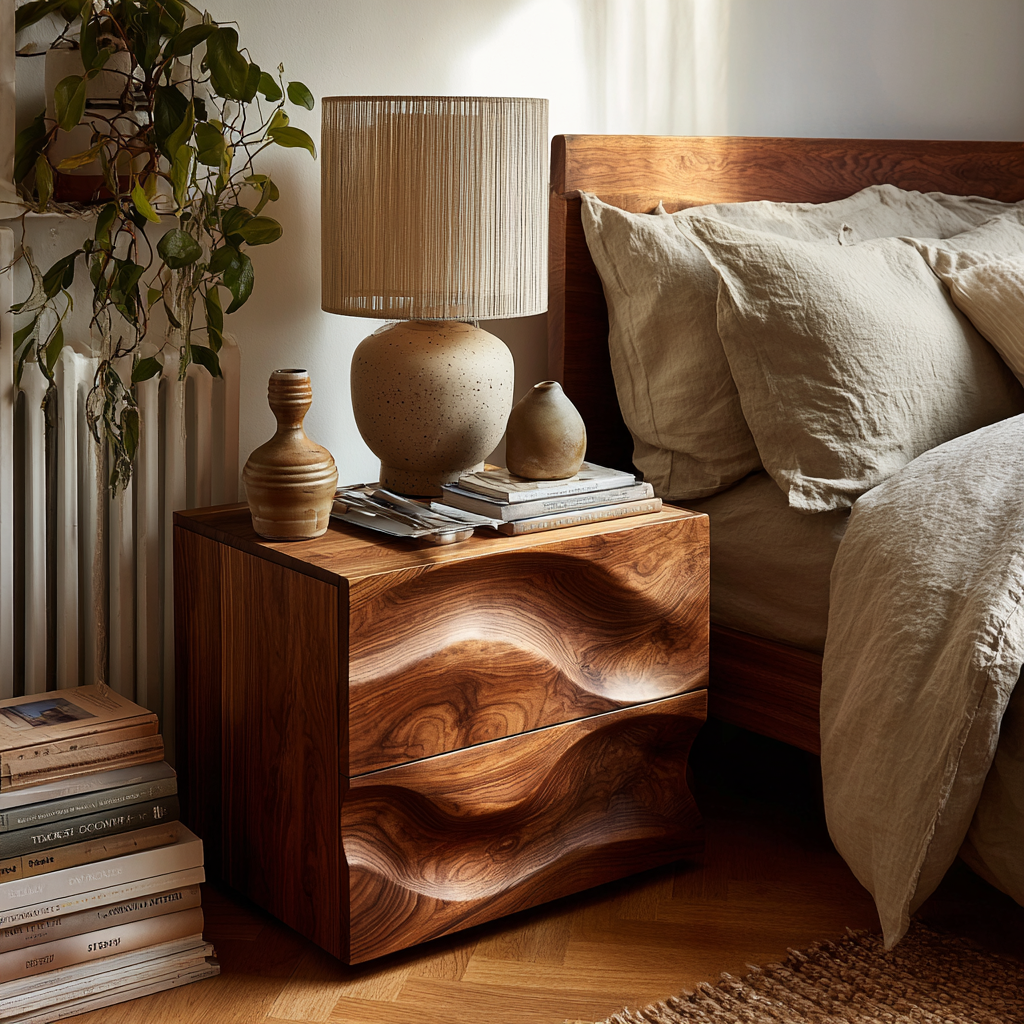 Hand-Carved Hardwood Wave Nightstand with Two Soft-Close Drawers