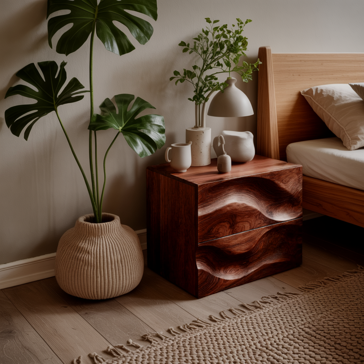 Hand-Carved Hardwood Wave Nightstand with Two Soft-Close Drawers - view 2