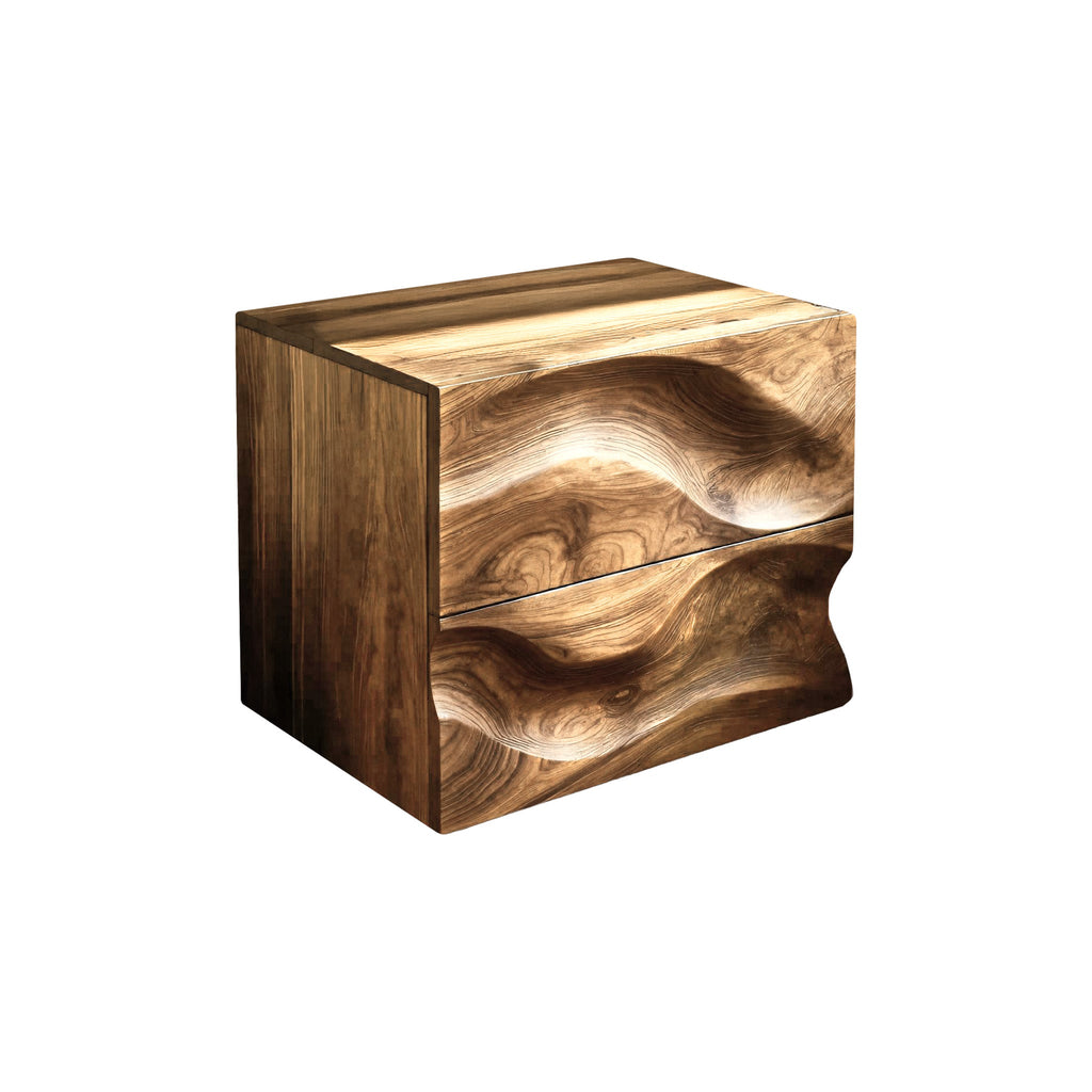 Hand-Carved Hardwood Wave Nightstand with Two Soft-Close Drawers in Natural Oak finish
