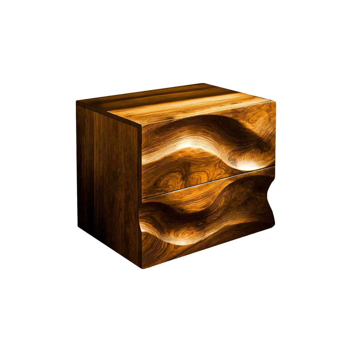 Hand-Carved Hardwood Wave Nightstand with Two Soft-Close Drawers in Teak finish