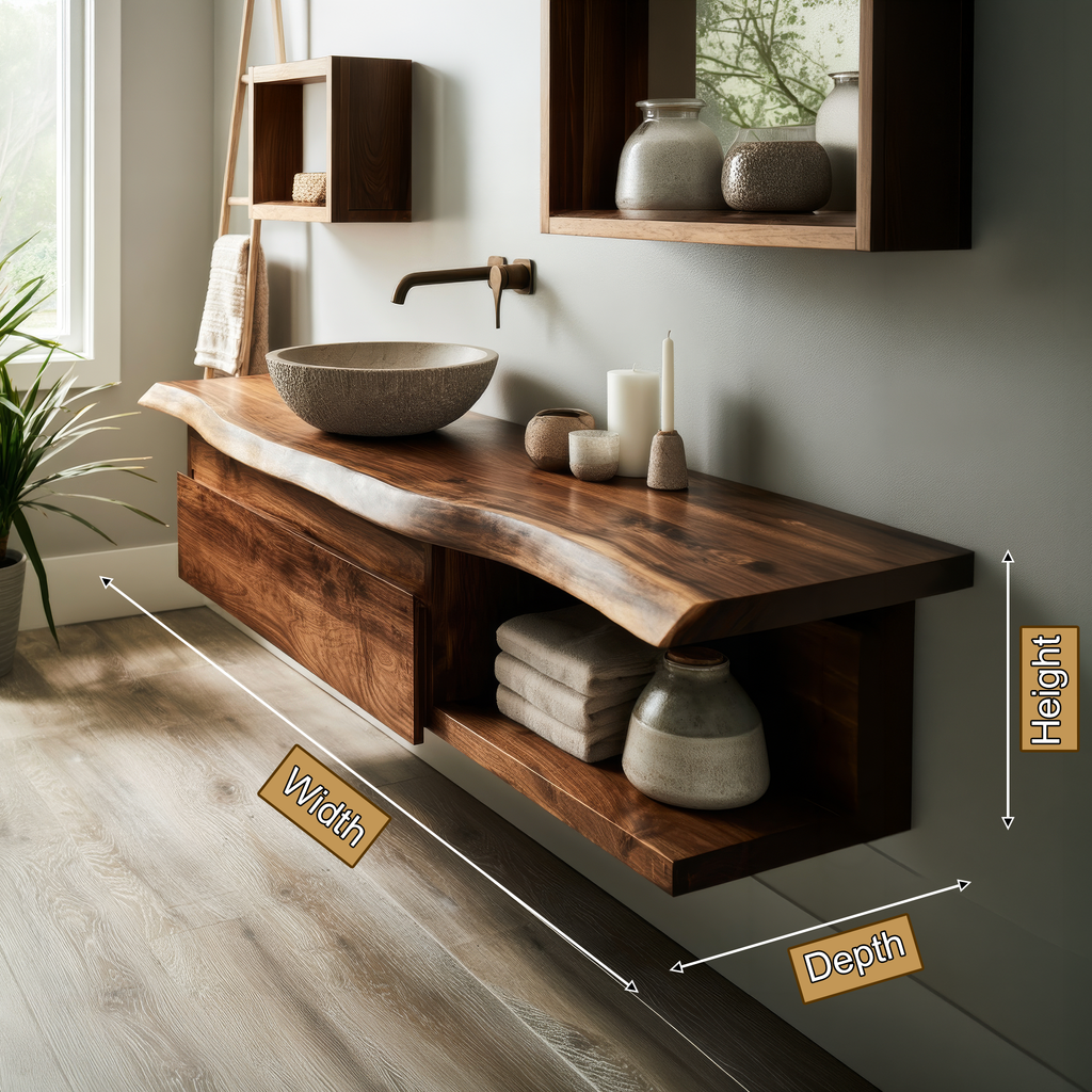 Floating Live Edge Hardwood Vanity with Drawers and Open Shelf - view 8