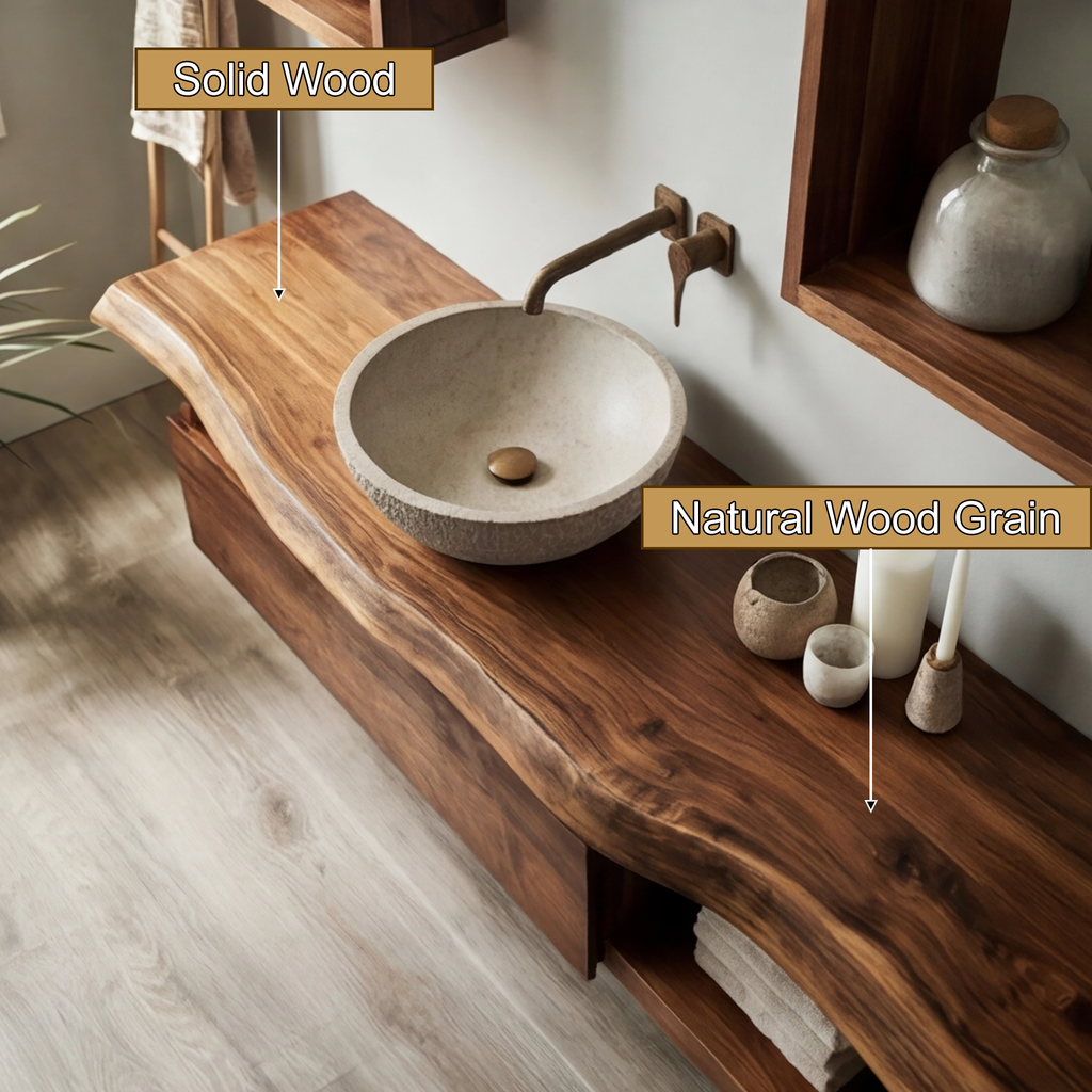 Floating Live Edge Hardwood Vanity with Drawers and Open Shelf - view 10