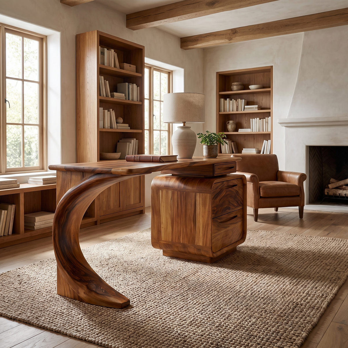 Solid Wood Waterfall Desk with Three-Drawer Pedestal in Brown finish
