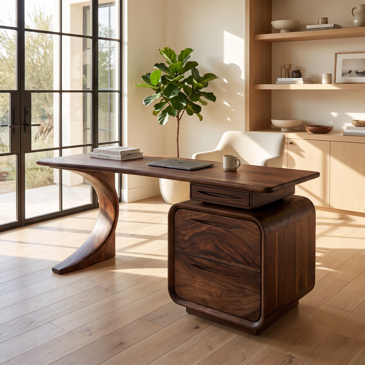 Solid Wood Waterfall Desk with Three-Drawer Pedestal in Dark Walnut finish