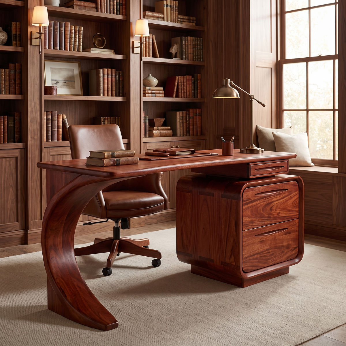 Solid Wood Waterfall Desk with Three-Drawer Pedestal in Mahogany finish