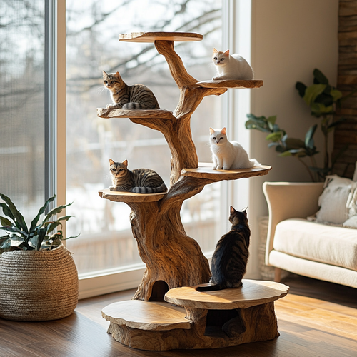 Branched Sculpted Solid Wood Cat Tree Shelf, Freestanding