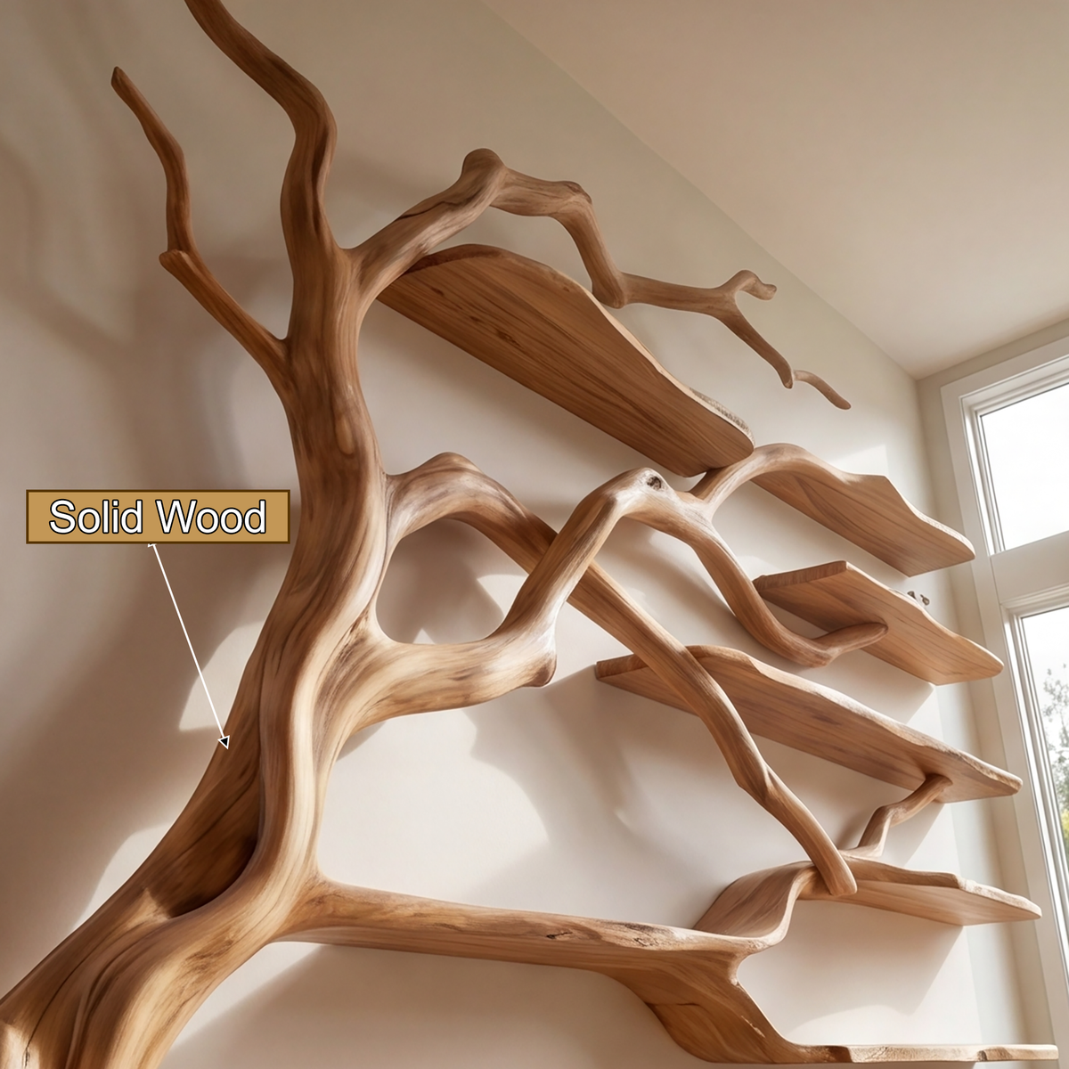 Solid Wood Tree Bookshelf with Wide Sculpted Branch Shelves - view 10